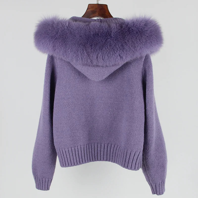 Real Fox Fur Hooded Sweater – Loose Knit Zipper Cardigan