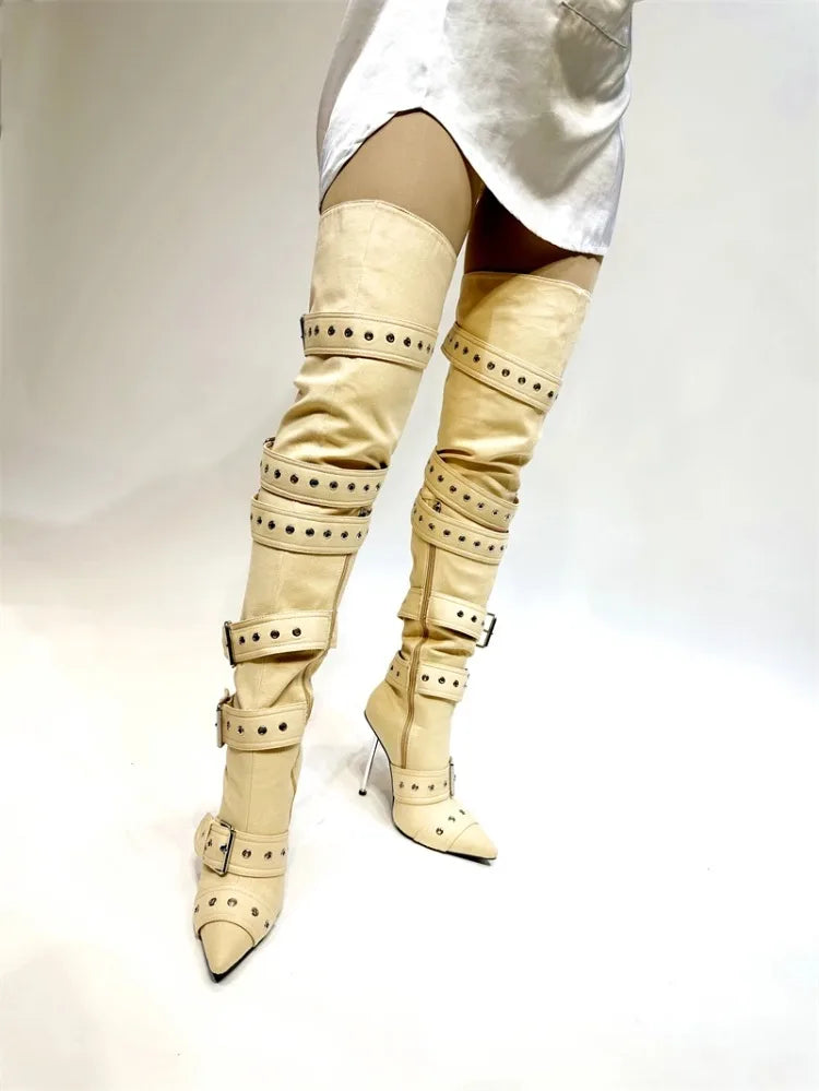 SLSHLYJ Denim Rivet Over-the-Knee Boots – 12cm Heels, Punk Silver Buckle