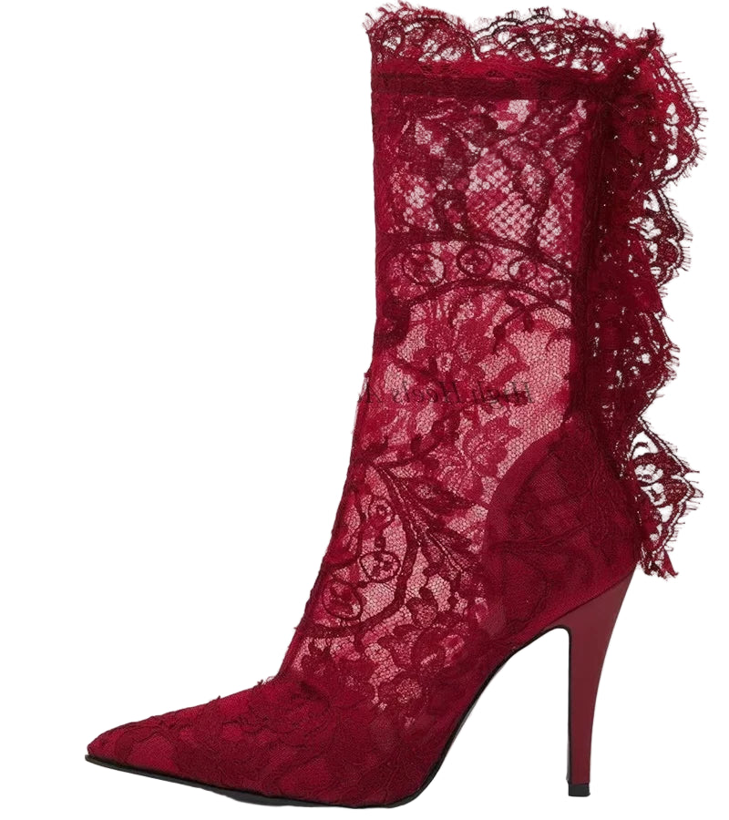 Red lace boot with a high heel on a white background