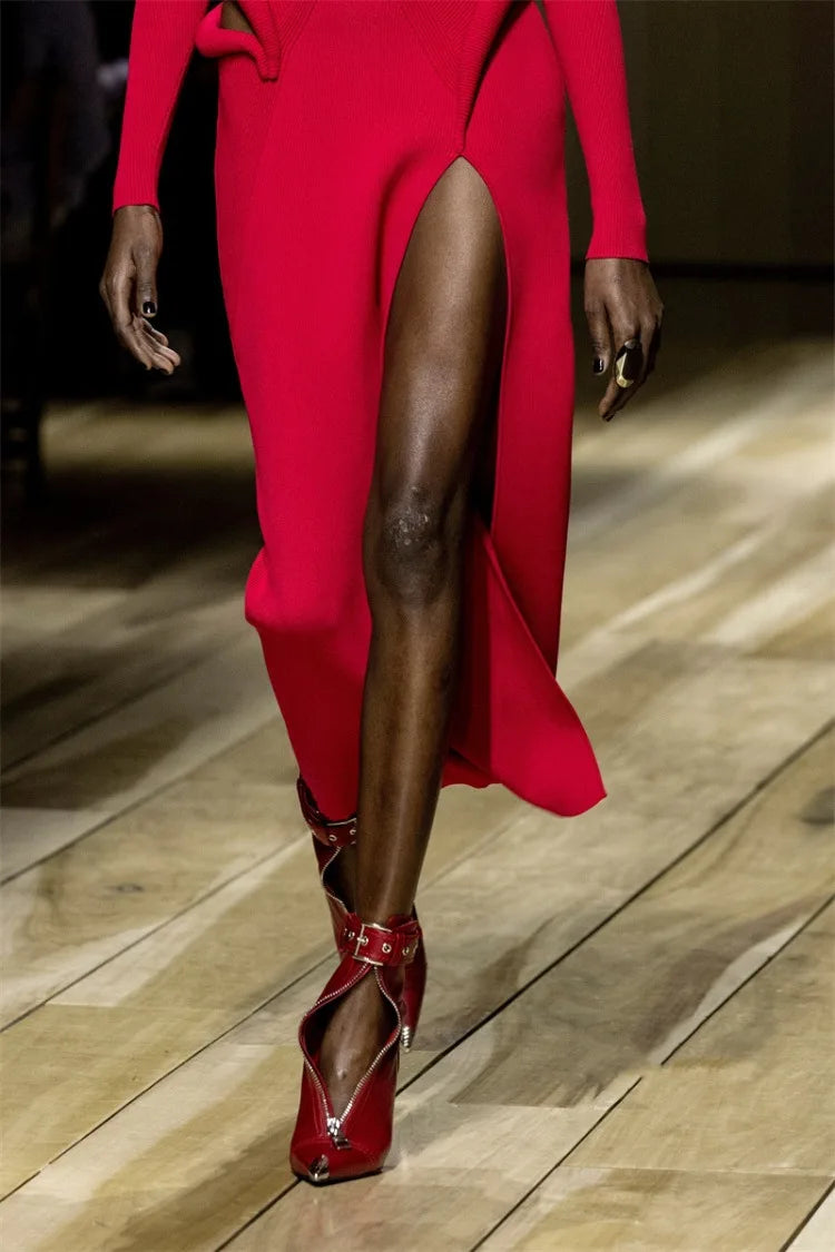 Pointed Ankle Boots – Belt Buckle & Front Zipper,