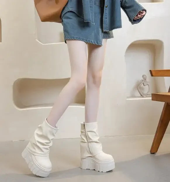 Calf Ankle Booties – PU Leather Motorcycle Boots with Platform, Winter 2025