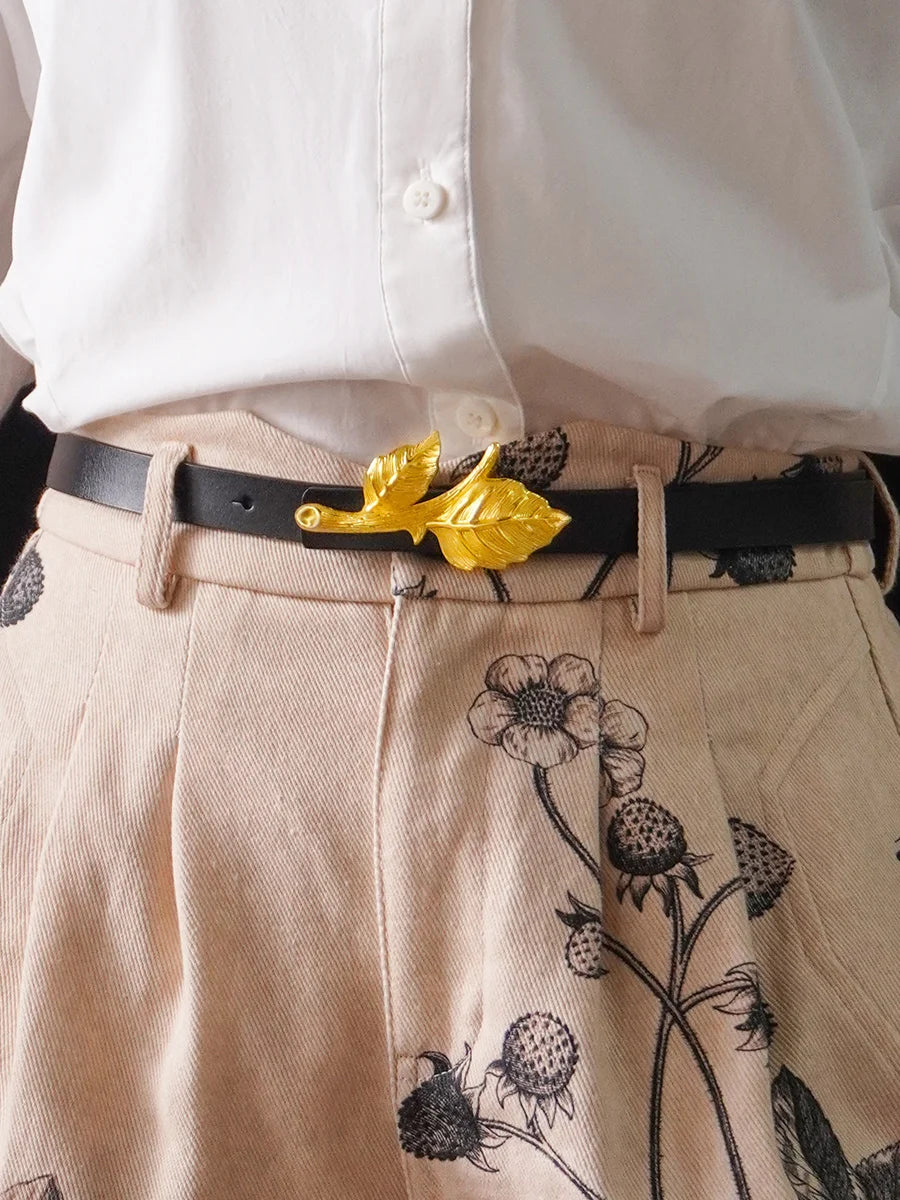 Four Seasons Women’s Original Design Leather Belt – Metal Alloy Leaves Series