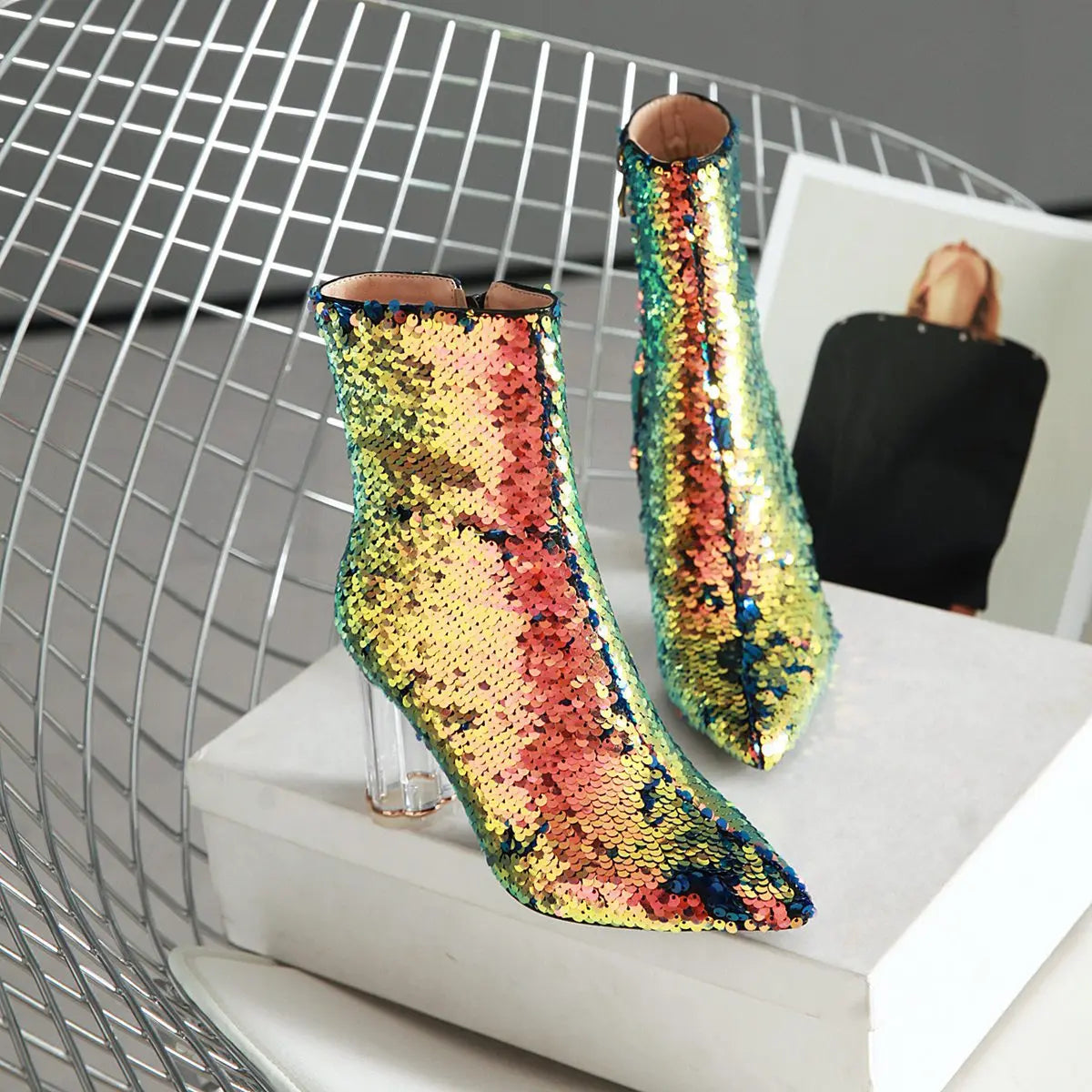 Sequined Short Boots – Women’s Bling Chunk Heel Pointed Toe Ankle Booties