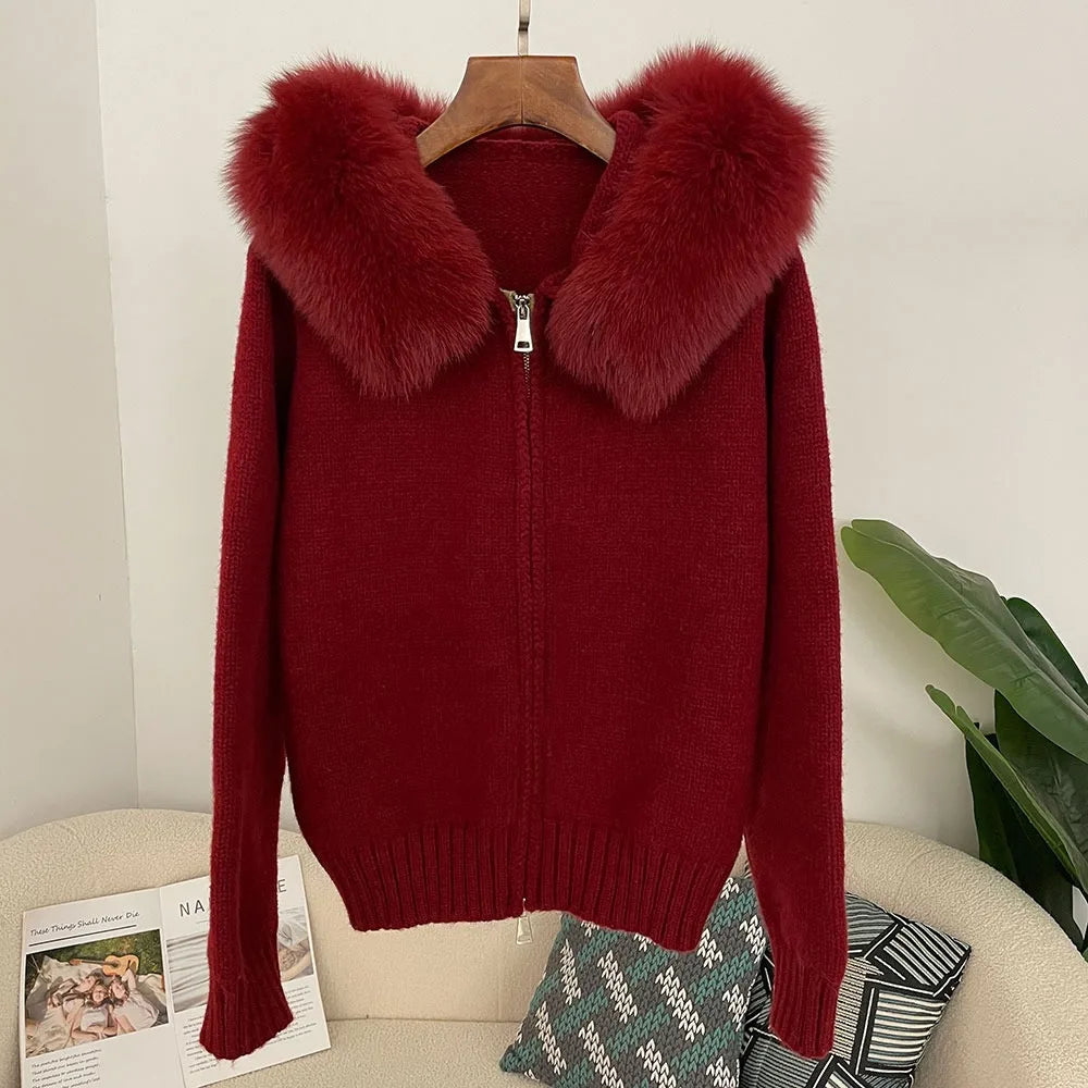 Real Fox Fur Hooded Sweater – Loose Knit Zipper Cardigan