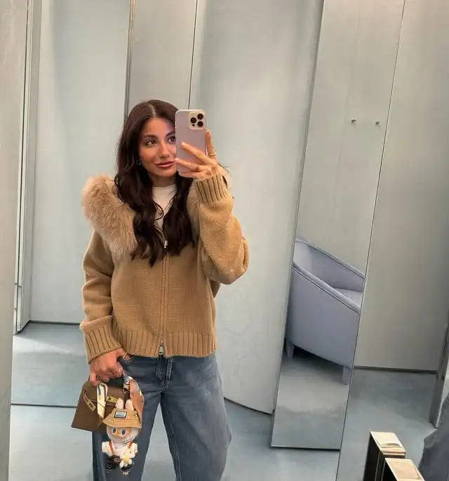 Real Fox Fur Hooded Sweater – Loose Knit Zipper Cardigan