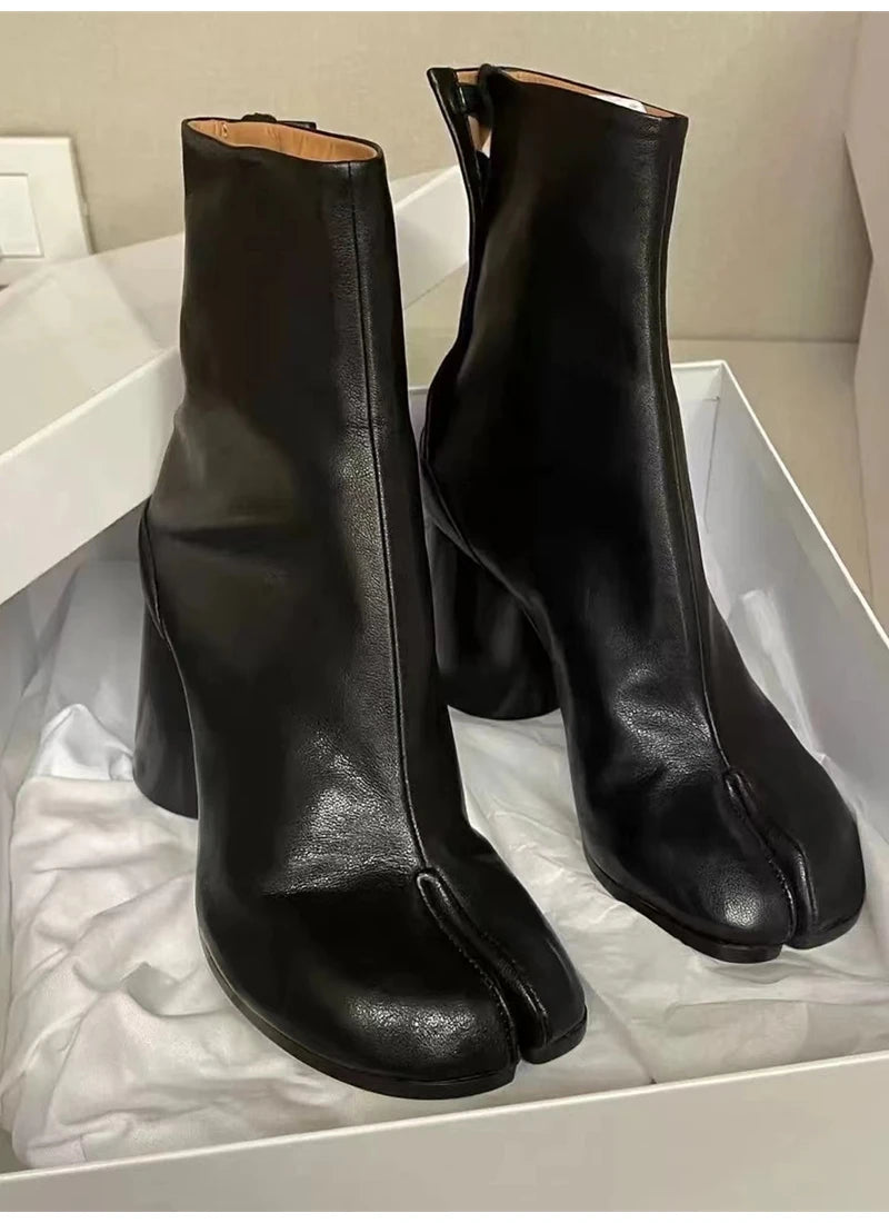 Women’s Split-Toe Tabi Ankle Boots – Chunky High Heel Chelsea Short Booties