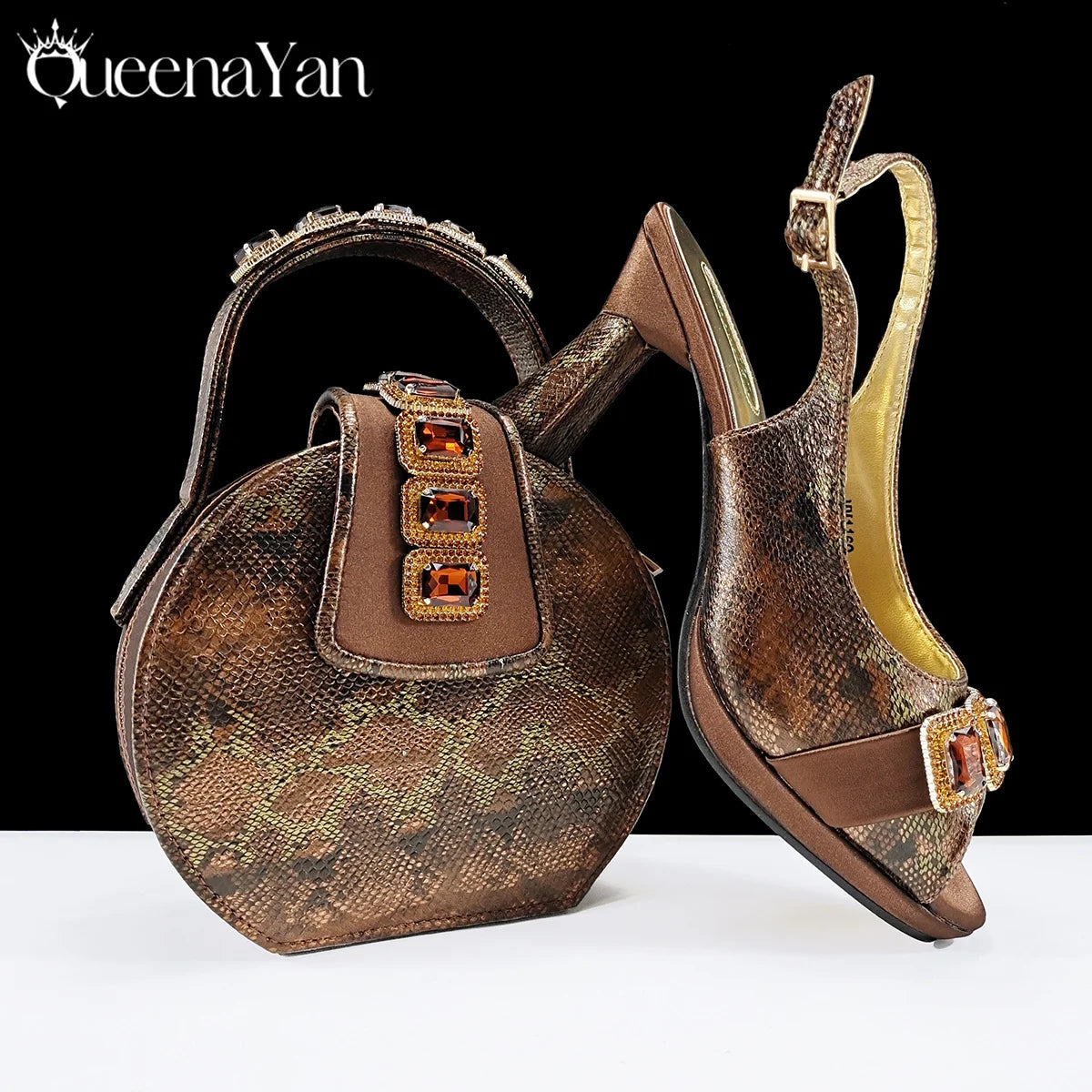 Elegant Green Peep-Toe Heels & Matching Bag Set