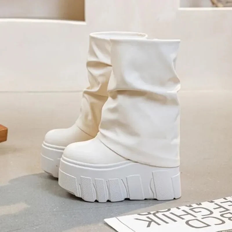 Calf Ankle Booties – PU Leather Motorcycle Boots with Platform, Winter 2025