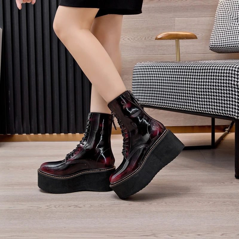 Women’s Genuine Leather Ankle Boots – Retro Lace-Up High-Heel Platform Short Boots