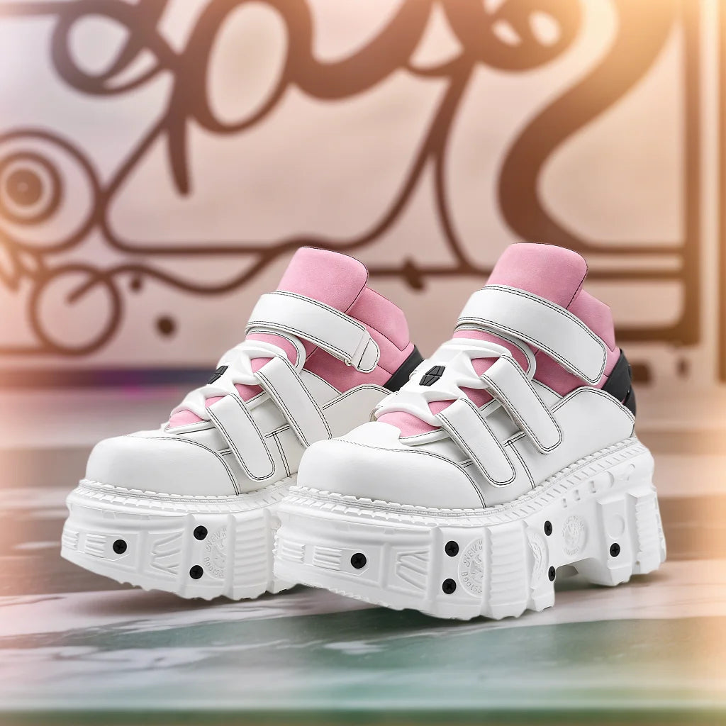 Pink Style Women’s Knee-High Boots – Lace-Up Platform Heel with Metal Detail