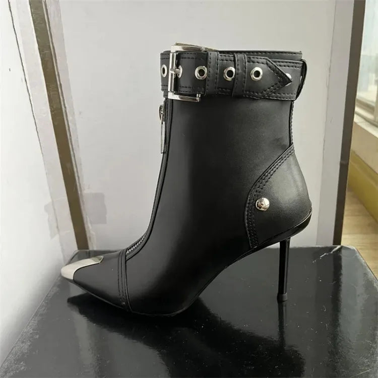 Pointed Ankle Boots – Belt Buckle & Front Zipper,