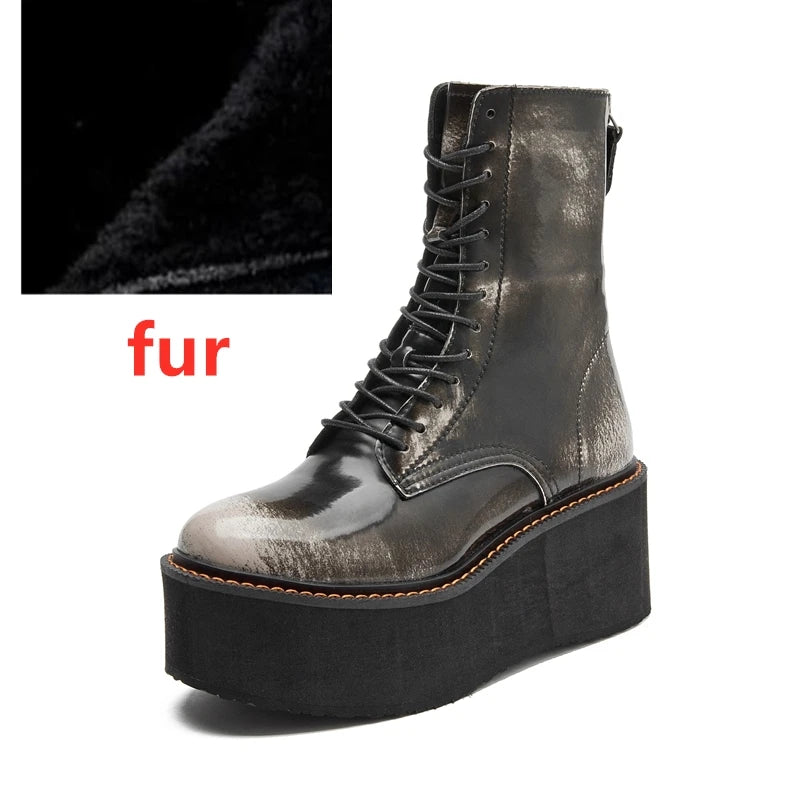 Women’s Genuine Leather Ankle Boots – Retro Lace-Up High-Heel Platform Short Boots