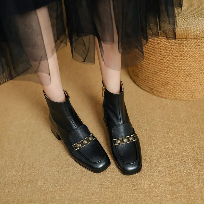 ASUMER Women’s Genuine Leather Ankle Boots – Zipper Square Mid Heels for Autumn & Winter