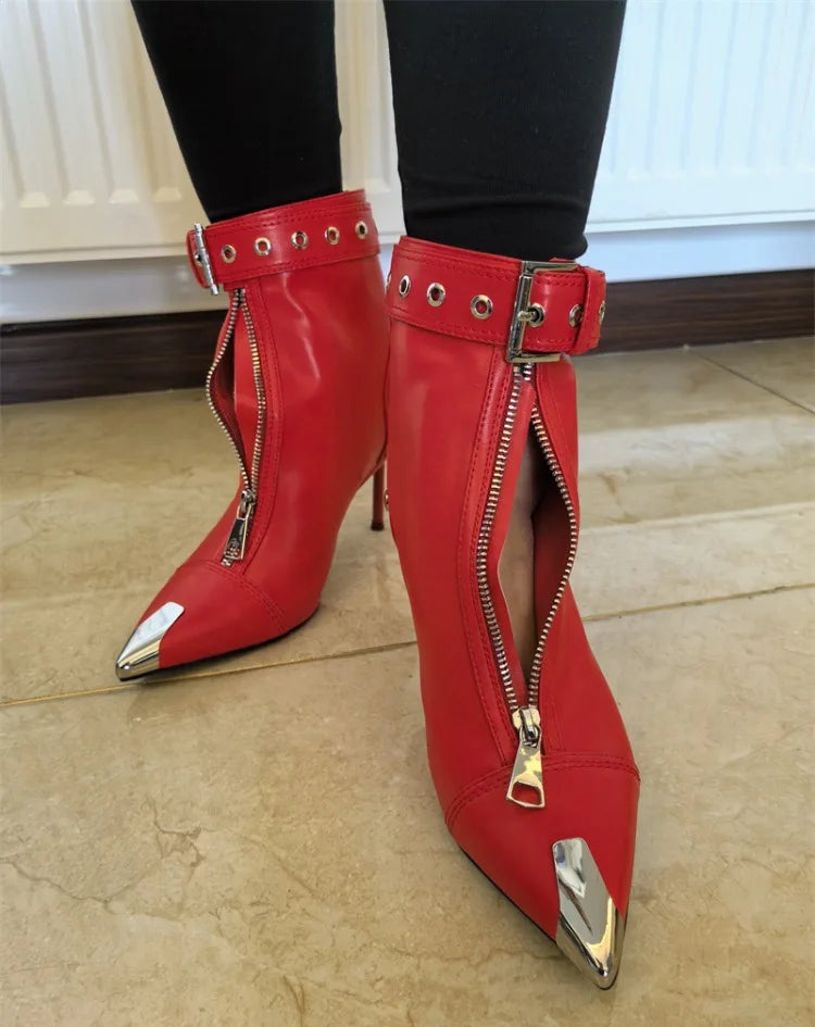 Pointed Ankle Boots – Belt Buckle & Front Zipper,