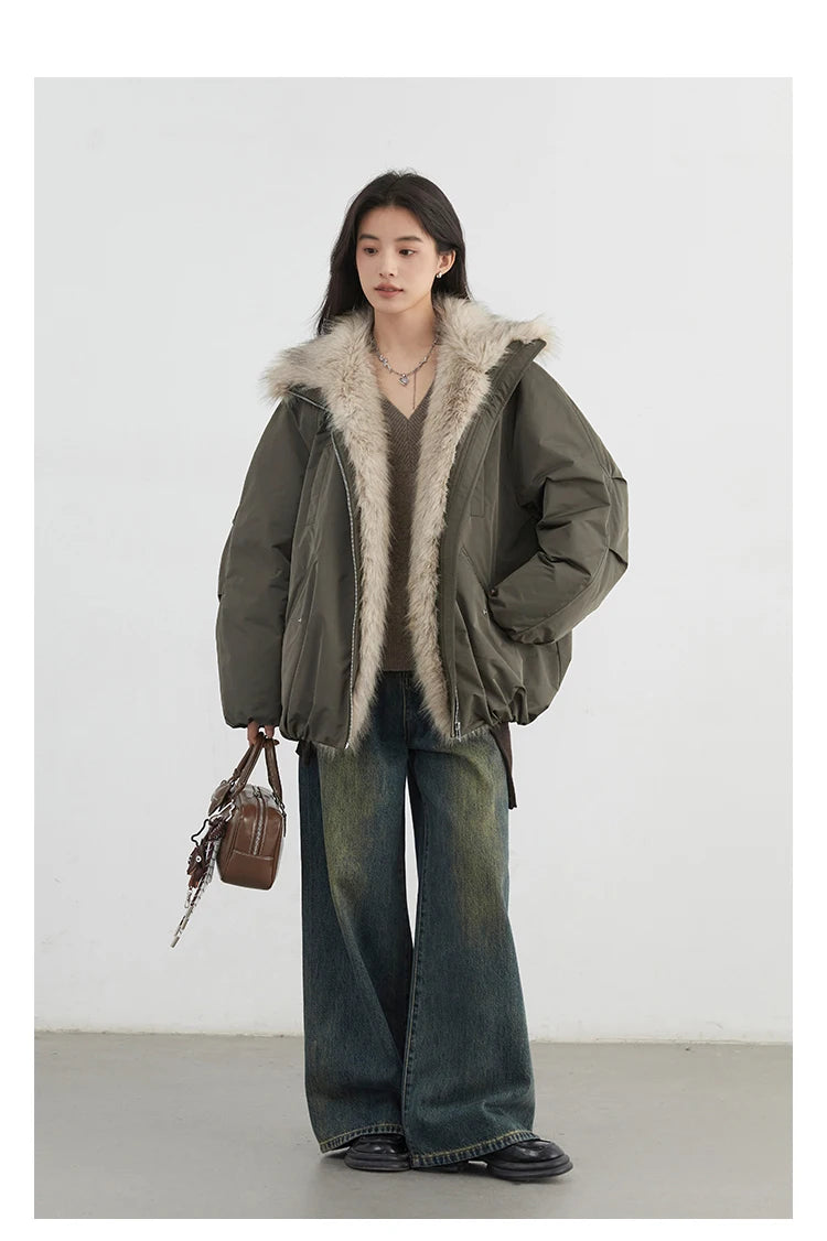 Korean Women’s Down Coat – Loose Hooded Jacket with Faux Fur Collar, 90% White Duck Down, Autumn/Winter 2025