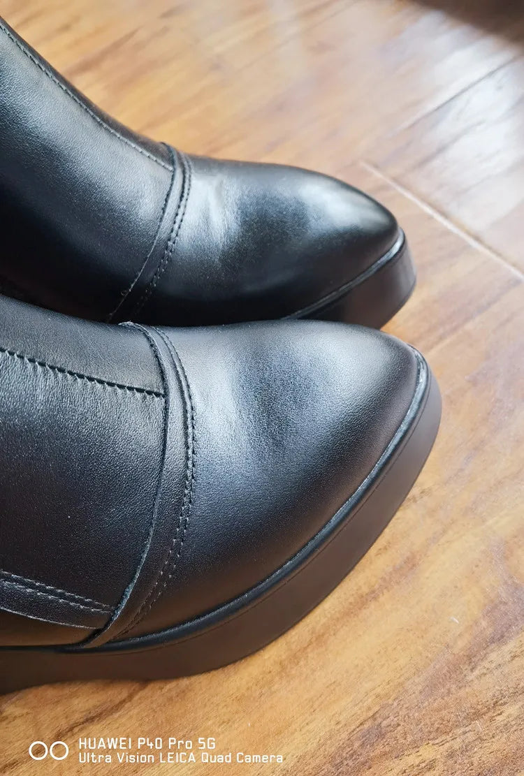 MKKHOU Genuine Leather Pointed Toe Wedge Boots