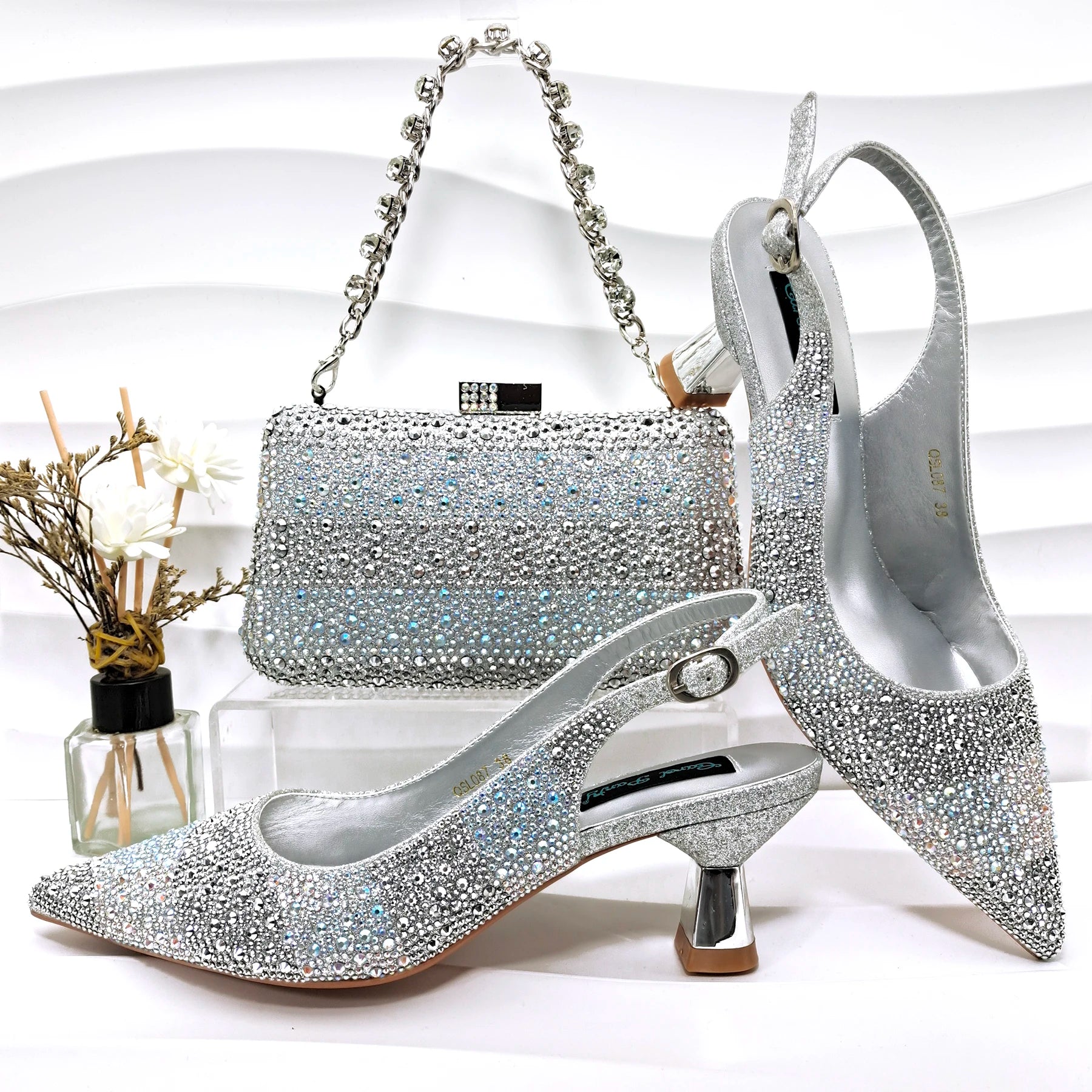 Rhinestone Satin Pumps & Clutch Set – Italian-Inspired Elegance