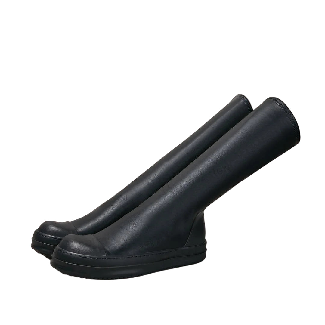 Pair of black shoes on a beige background with 'JS shoes store' branding.