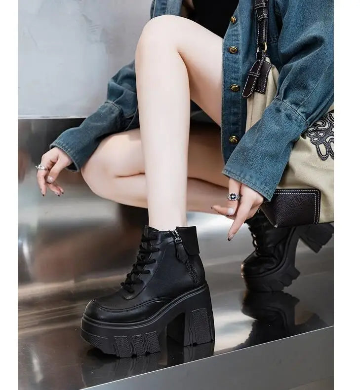 TuoYAO Genuine Leather Platform Ankle Boots