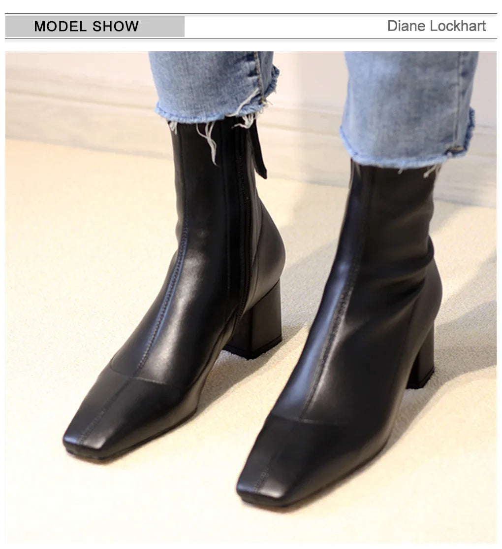 Diane Lockhart Square Toe Elastic Ankle Boots – Chic Thick-Heeled Bare Booties for Women