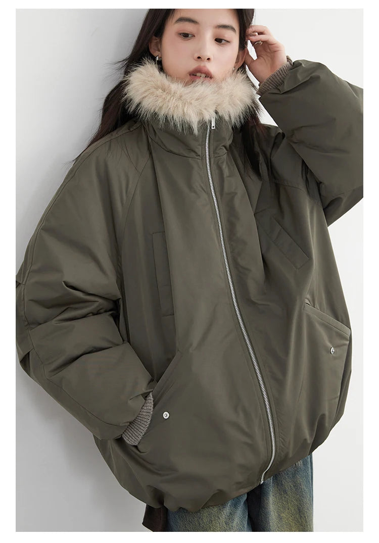 Korean Women’s Down Coat – Loose Hooded Jacket with Faux Fur Collar, 90% White Duck Down, Autumn/Winter 2025