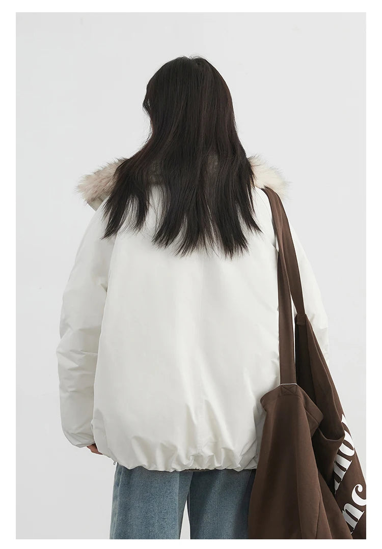 Korean Women’s Down Coat – Loose Hooded Jacket with Faux Fur Collar, 90% White Duck Down, Autumn/Winter 2025
