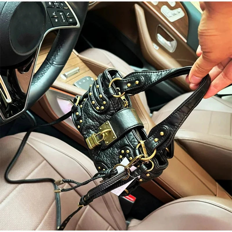 Y2K Motorcycle Handbag – Retro Leopard Print Distressed PU Leather Bag for Women