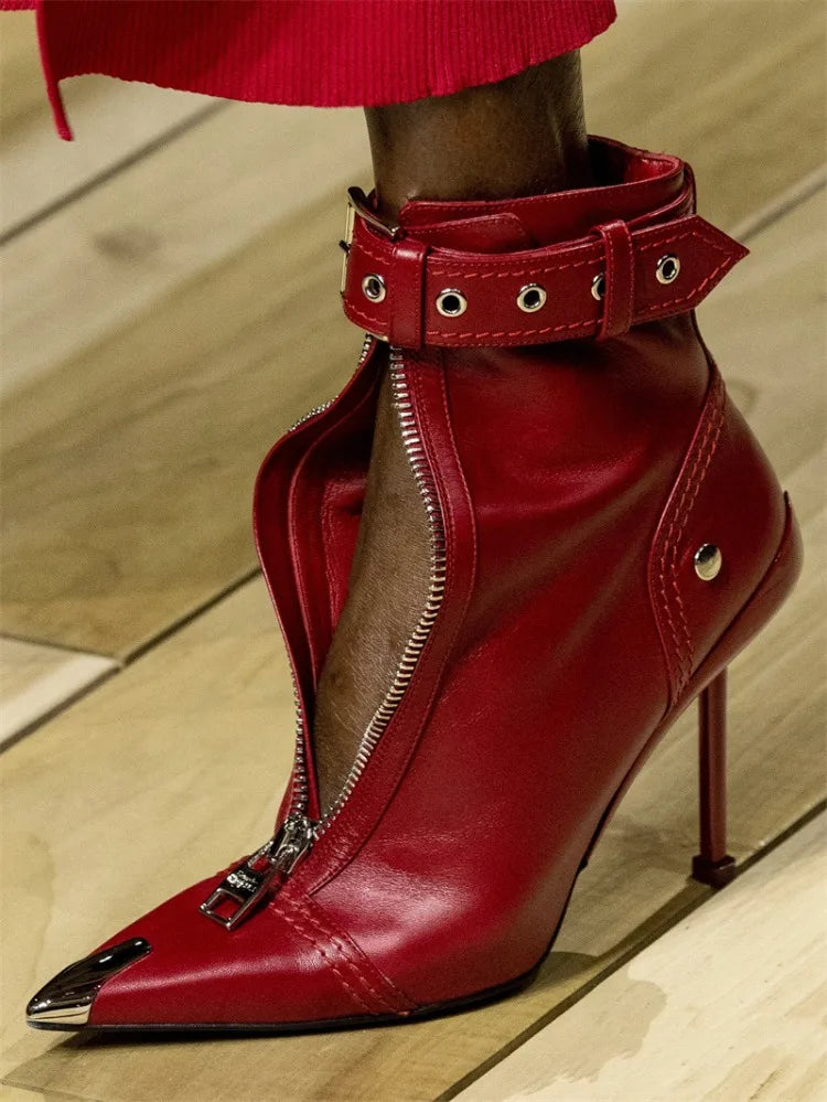 Pointed Ankle Boots – Belt Buckle & Front Zipper,