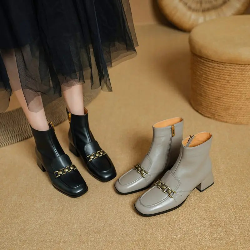 ASUMER Women’s Genuine Leather Ankle Boots – Zipper Square Mid Heels for Autumn & Winter