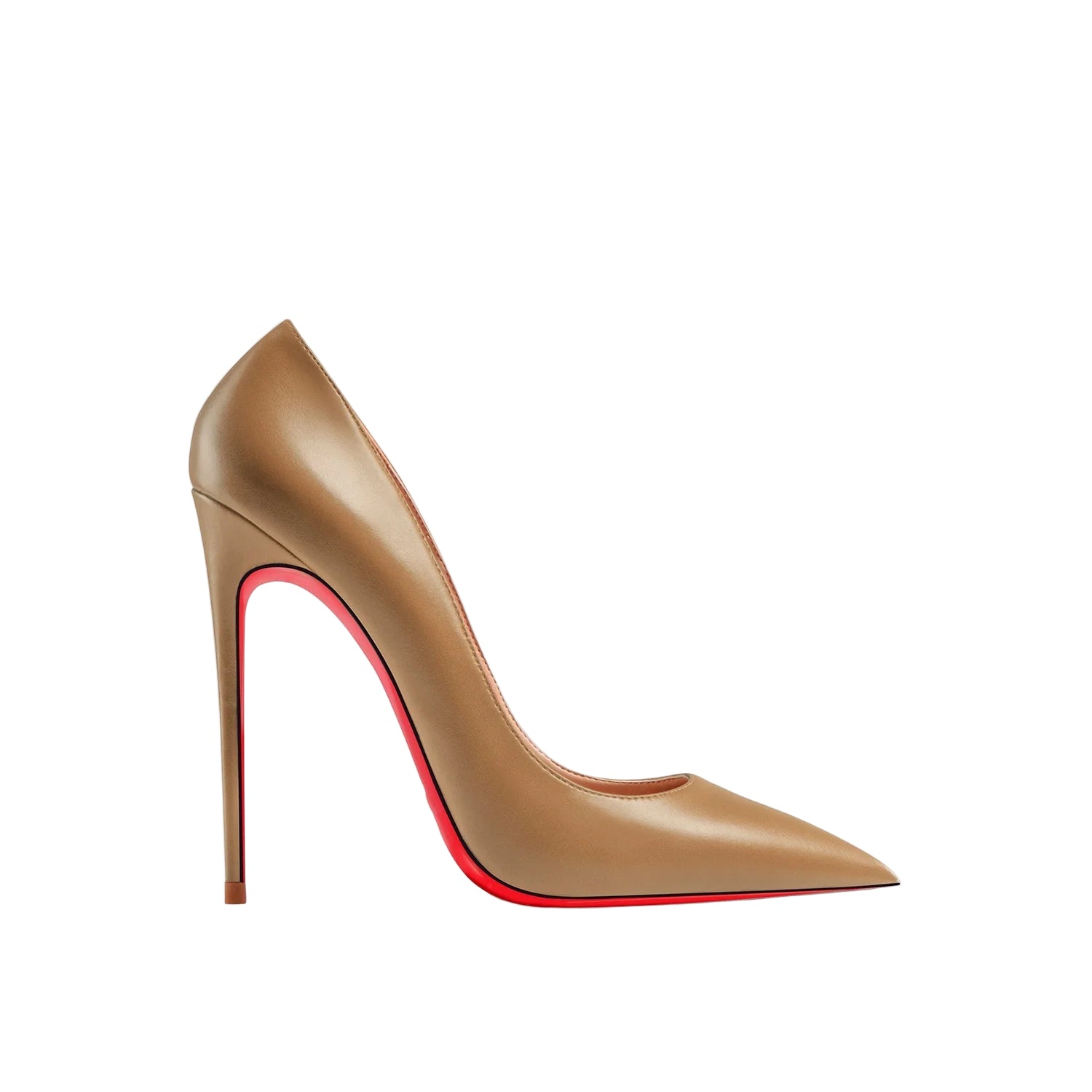 Tan high-heeled shoe with red sole on a white background 