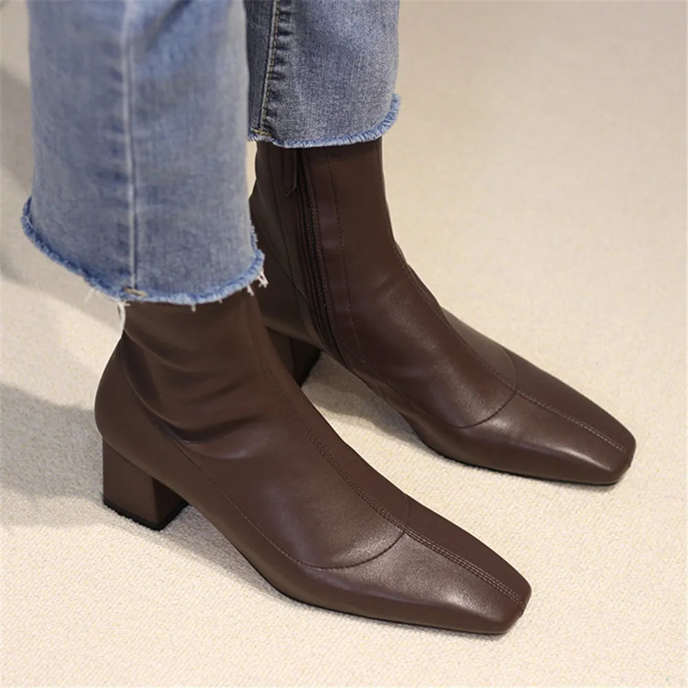 Diane Lockhart Square Toe Elastic Ankle Boots – Chic Thick-Heeled Bare Booties for Women