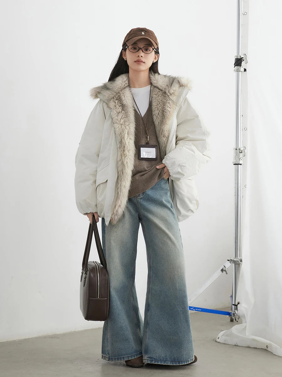 Korean Women’s Down Coat – Loose Hooded Jacket with Faux Fur Collar, 90% White Duck Down, Autumn/Winter 2025