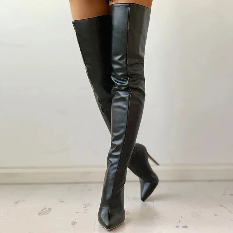 Over-the-Knee Thigh High Boots – Stretch PU Leather High Heel Winter Shoes