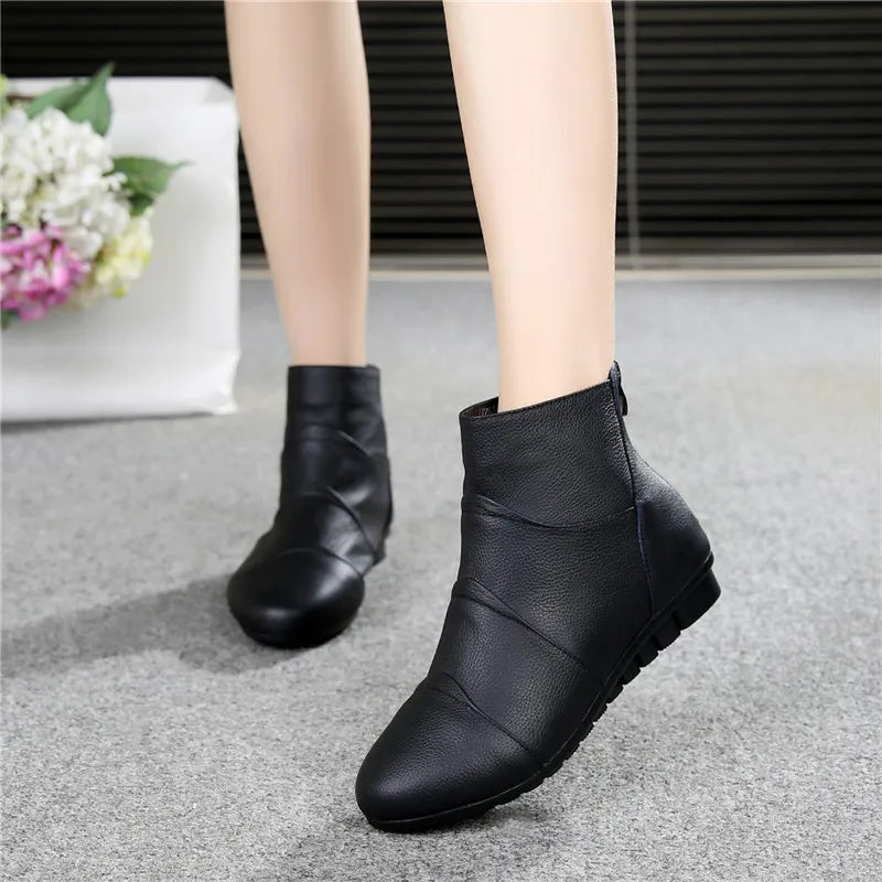WOIZGIC Women’s Genuine Leather Platform Ankle Boots Zipper Warm Plush Autumn Winter