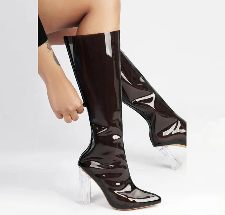 Sexy Pointed Crystal Transparent Knee-High Boots