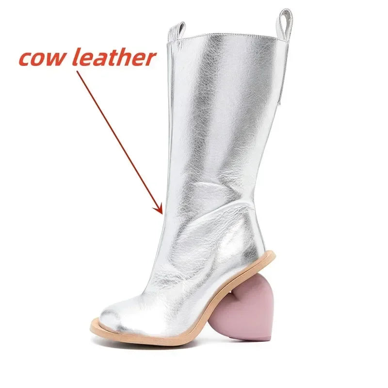 2024 Genuine Leather Mid-Calf Boots for Women – Round Toe High Heels