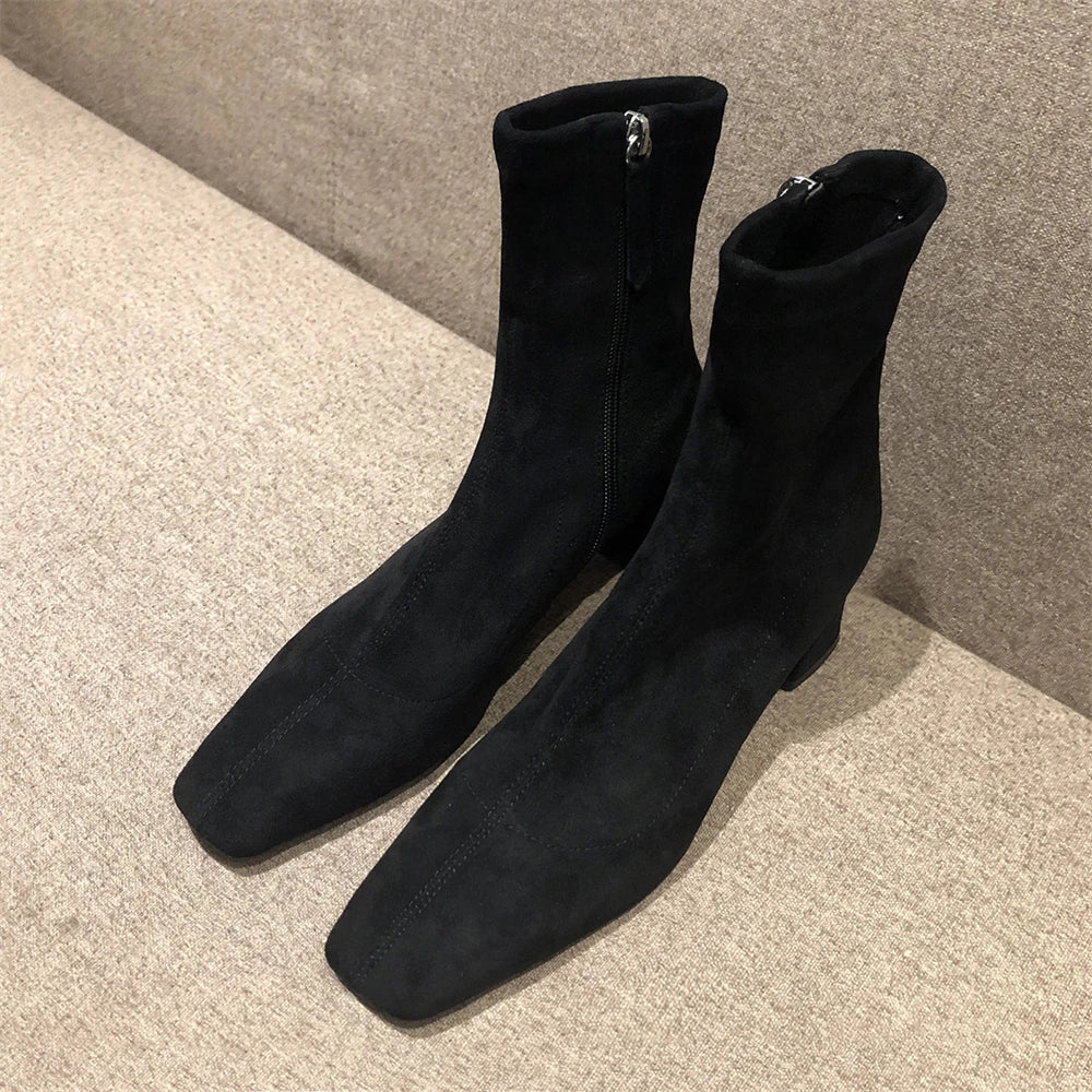 Diane Lockhart Square Toe Elastic Ankle Boots – Chic Thick-Heeled Bare Booties for Women