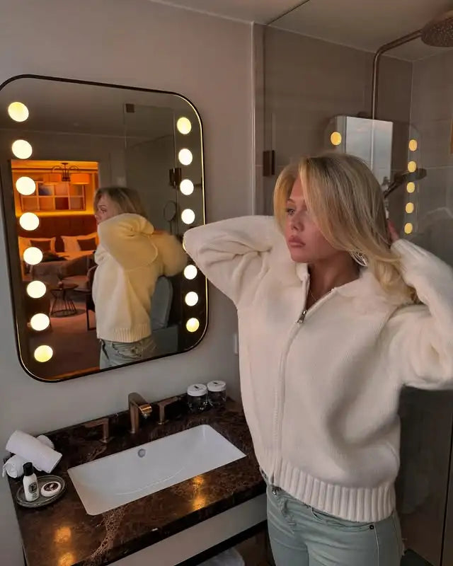 Real Fox Fur Hooded Sweater – Loose Knit Zipper Cardigan