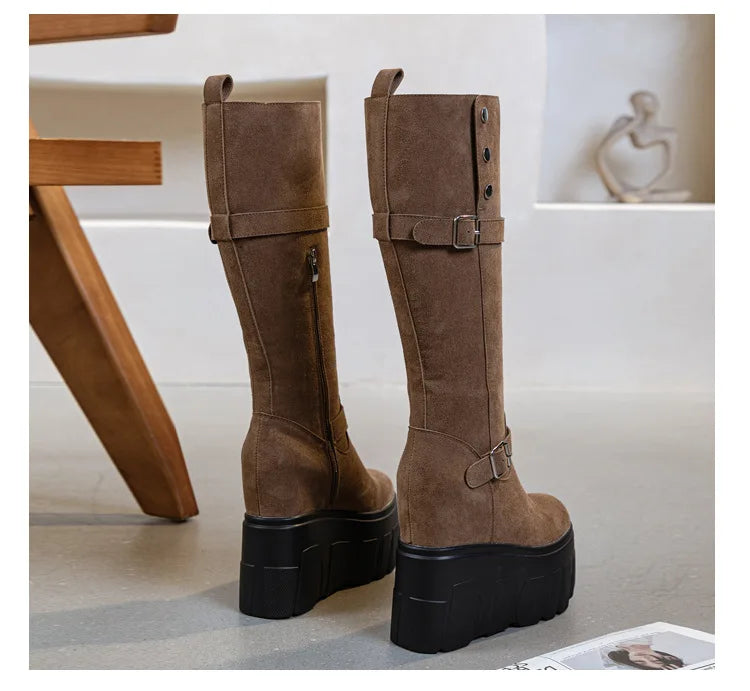 Motorcycle Boots – Microfiber & Synthetic Leather Platform Wedges, Spring/Autumn