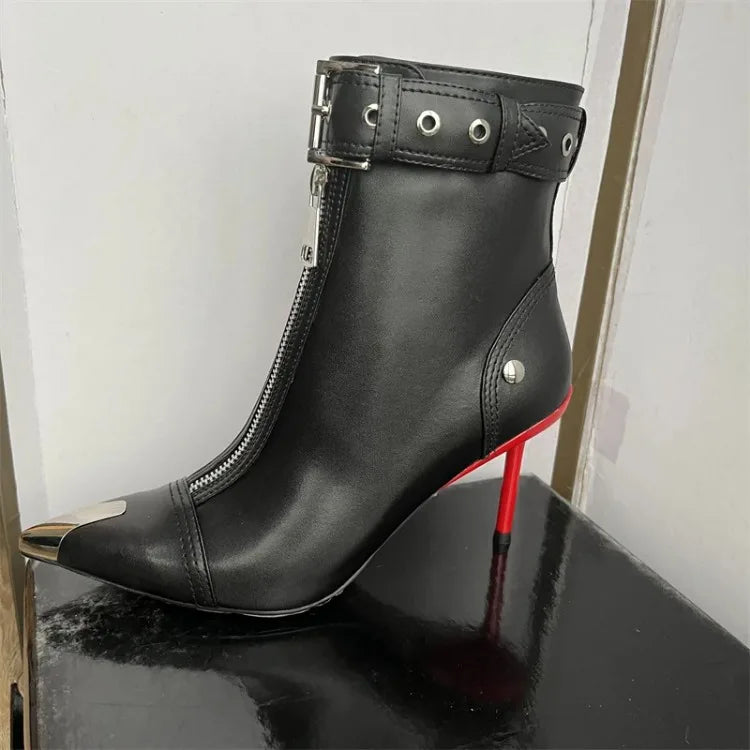 Pointed Ankle Boots – Belt Buckle & Front Zipper,