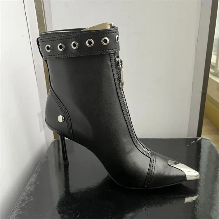 Pointed Ankle Boots – Belt Buckle & Front Zipper,