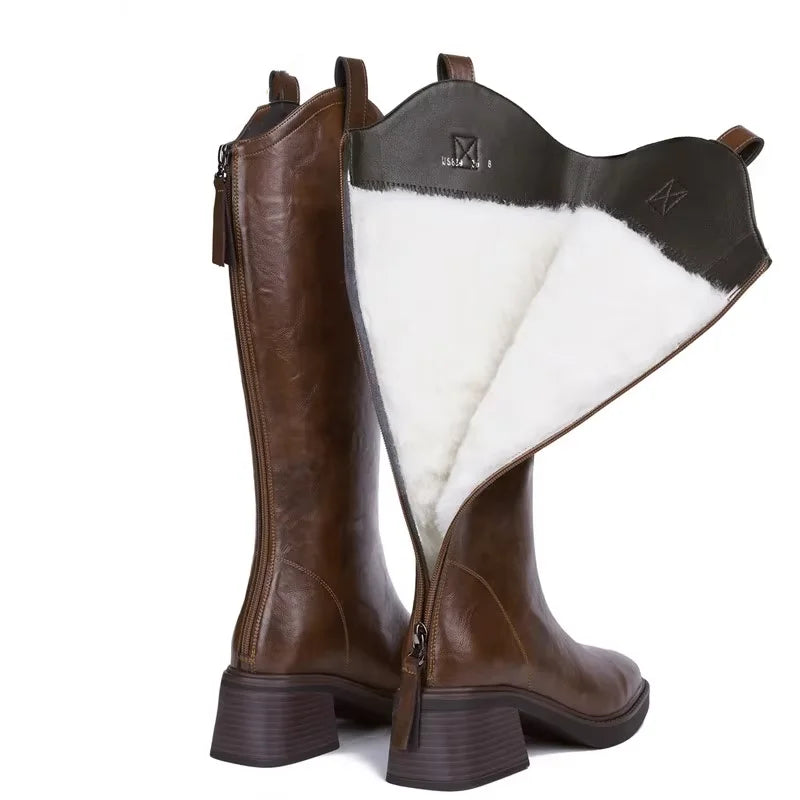 DIMANYU Women’s Mid-Calf Leather Winter Boots – Natural Wool