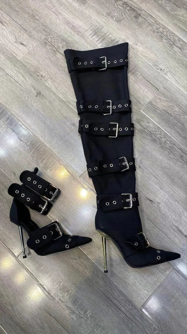 SLSHLYJ Denim Rivet Over-the-Knee Boots – 12cm Heels, Punk Silver Buckle