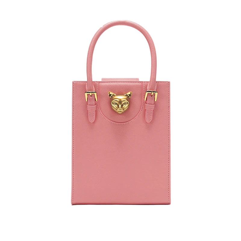 Pink handbag with gold accents on a light gray background, featuring the brand 'Bafelli'.