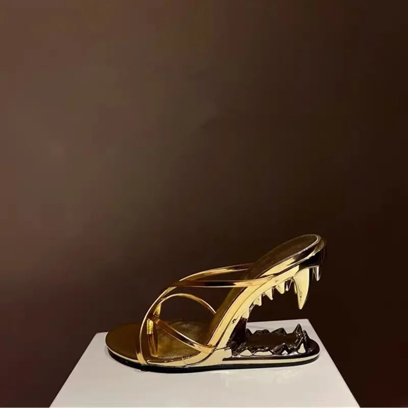 Teeth-Shaped Open-Toe Slippers with Unique Sloping Heel Design