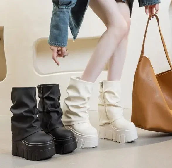 Calf Ankle Booties – PU Leather Motorcycle Boots with Platform, Winter 2025