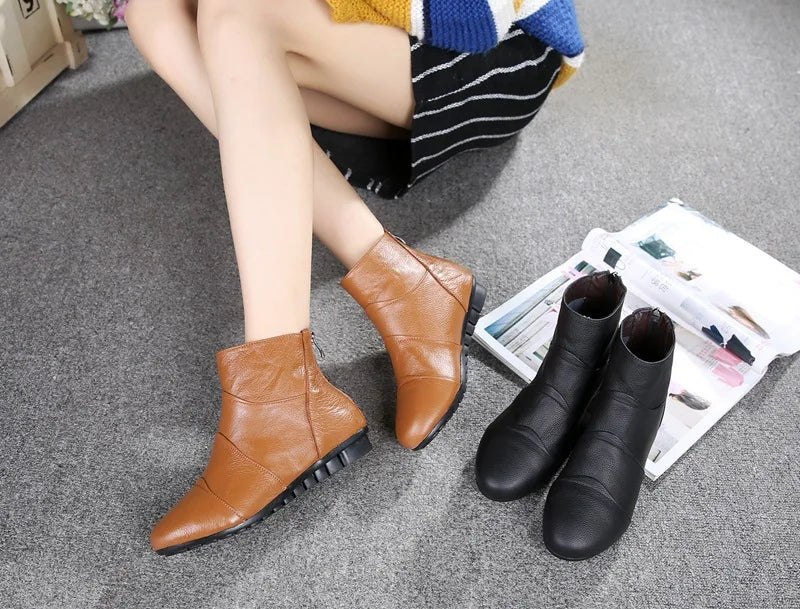 WOIZGIC Women’s Genuine Leather Platform Ankle Boots Zipper Warm Plush Autumn Winter