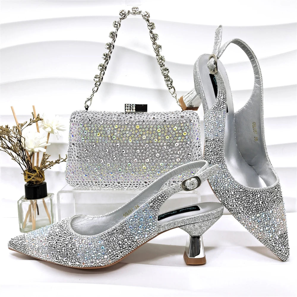 Rhinestone Satin Pumps & Clutch Set – Italian-Inspired Elegance