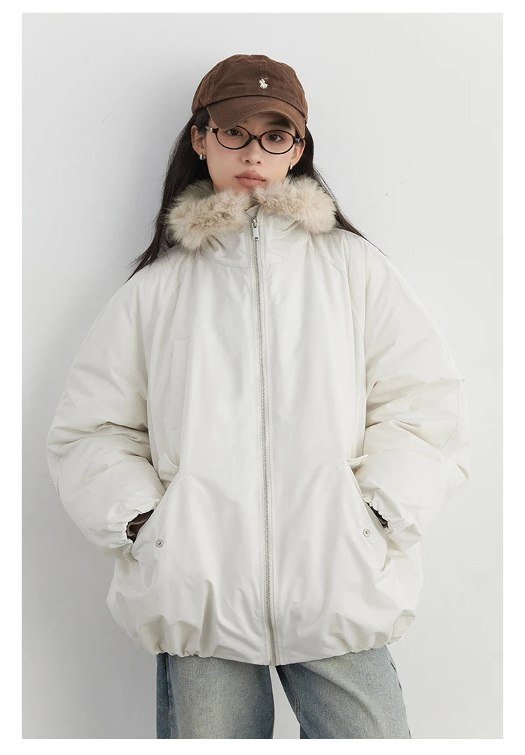 Korean Women’s Down Coat – Loose Hooded Jacket with Faux Fur Collar, 90% White Duck Down, Autumn/Winter 2025