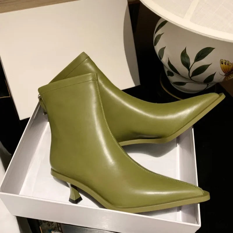 SLSHLYJ Pointed Cowhide Ankle Boots – 5.5cm Slim Heel